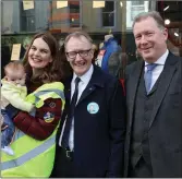  ??  ?? Senator Frank Feighan and his wife, Elaine and son, Macdara chatting to John Mullaney of Mullaney’s on O’Connell Street.