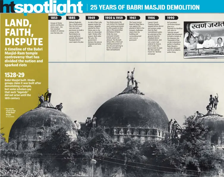  ?? HT FILE PHOTO ?? Kar sevaks stand on top of the Babri Masjid.