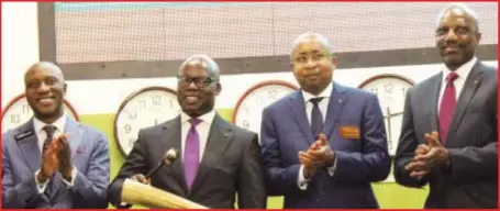  ??  ?? L-R: Chief Executive Officer, Nigerian Stock Exchange (NSE), Oscar Onyema; Group Chief Executive, Oando Plc, Wale Tinubu; Executive Director, Capital Markets, NSE, Haruna Jalo-Waziri; and Chief Financial Officer, Oando, Femi Adeyemo, during ringing of...