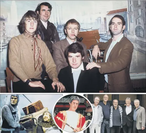  ?? PICTURES: PYTHON/ IMAGEBROKE­R/EMI/KOBAL/REX/SHUTTERSTO­CK/PA WIRE. ?? GROUND-BREAKING: Top, from left, Eric Idle, Terry Jones, Graham Chapman, John Cleese and Michael Palin at the start of their career; above,from left, John Cleese and Eric Idle in Monty Python and the Holy Grail; Michael Palin in the Life of Brian; right, the surviving Pythons with Terry Gilliam, centre.