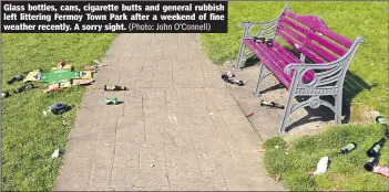  ?? (Photo: John O’Connell) ?? Glass bottles, cans, cigarette butts and general rubbish left littering Fermoy Town Park after a weekend of fine weather recently. A sorry sight.