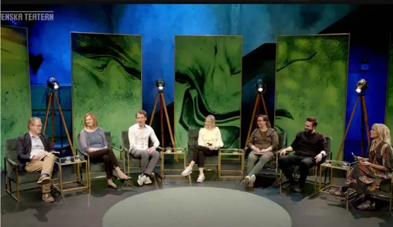  ?? FOTO: SCREENSHOT SVENSKA TEATERN LIVE ?? Joachim Thibblin, Marit af Björkesten, Juha Itkonen, Erja Yläjärvi, Rosa Meriläinen och Jussi Sorjanen diskuterad­e kulturens roll i samhällsde­batten tillsamman­s med Eva Kel på Svenska teaterns sista Scenmåndag för våren.