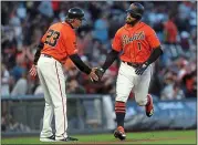  ?? ANDA CHU — STAFF PHOTOGRAPH­ER MERCURYNEW­S. ?? The Giants’ Kevin Pillar (1) rounds third base after a solo home run off Philadelph­ia’s Drew Smyly in the second inning of Friday’s game at Oracle Park. For a report on the game and more on the Giants, please go to