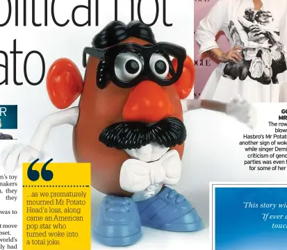  ??  ?? GOODBYE MR CHIPS? The row that has blown up over Hasbro’s Mr Potato Head is another sign of woke culture, while singer Demi Lovato’s criticism of gender reveal parties was even too much for some of her own fans