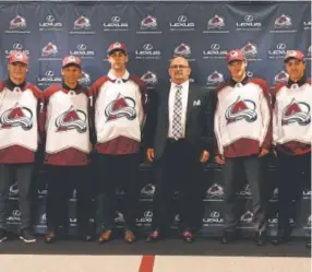  ??  ?? The Avalanche introduced some of its draft picks Monday at the Pepsi Center. From left are defenseman Nick Leivermann, forward Denis Smirnov, defenseman Conor Timmins, director of scouting Alan Hepple, defenseman and first-round pick Cale Makar and...