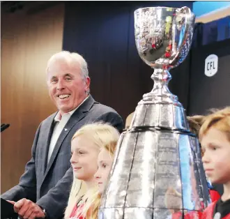  ?? GAVIN YOUNG ?? Calgary Stampeders GM John Hufnagel smiles as he talks about Calgary being the host city for the 2019 Grey Cup during an event at the Shaw Building in downtown Calgary on Wednesday.