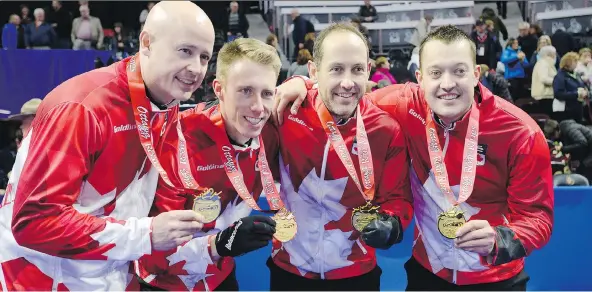  ?? ADRIAN WYLD/THE CANADIAN PRESS ?? Regina’s Ben Hebert, right, will return to the Olympics in 2018 (this time with Kevin Koe, Marc Kennedy and Brent Laing), two decades after Sandra Schmirler inspired his Olympic dreams.