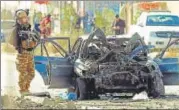  ?? AFP ?? ■ A soldier stands next to the site of a suicide attack in Kabul.