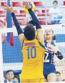  ??  ?? Petron’s Ces Molina (right) challenges Generika’s Darlene Ramdin’s defense during their Superliga clash in Malolos.