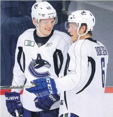 ?? NICK PROCAYLO/PNG ?? Olli Juolevi, with Brock Boeser during the Vancouver Canucks’ developmen­t camp at UBC on Tuesday, says he’s “almost” up to 200 pounds.