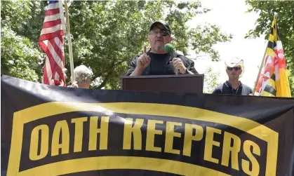  ?? Photograph: Susan Walsh/AP ?? Stewart Rhodes, founder of the Oath Keepers, speaks at a rally outside the White House in June 2017. Rhodes has been charged over his alleged role on January 6.