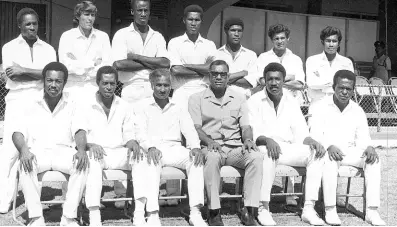  ?? GLEANER ARCHIVES ?? The West Indies cricket team which drew the first Test with Australia which ended at Sabina Park in 1973 (sitting from left) Maurice Foster, Lane Gibbs, Rohan Kanhai (captain), Clyde Walcott (manager), Clive Lloyd and Roy Fredericks; (Standing from left) Uton Dowe, Geoffrey Greenidge, Vanburn Holder, Michael Findlay, Lawrence Rowe, Inshan Ali and Alvin Kallicharr­an.