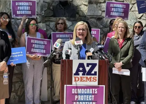  ?? Jonathan Copper/Associated Press ?? Phoenix Mayor Kate Gallego speaks to reporters at the state Capitol in Phoenix on Tuesday.