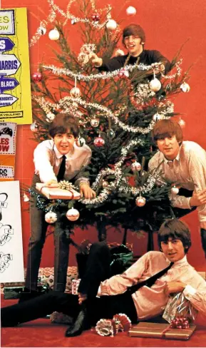  ??  ?? Rockin’ around the Christmas tree: (above) the Fabs deck the hall; (insets left) posters for their regular Christmas shows; Xmas card for fans; (right, from top) emptying the post bags at the Fan Club, November ’63; the panto, Finsbury Park Astoria,...