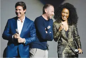  ??  ?? Tom Cruise, Simon Pegg and Angela Bassett ( right), cast members in the upcoming film Mission: Impossible — Fallout, during a presentati­on at Caesars Palace in Las Vegas on Wednesday. — AP
