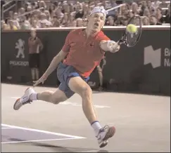  ?? CP PHOTO PAUL CHIASSON ?? Denis Shapovalov of Canada returns to Rafael Nadal of Spain during round of sixteen play at the Rogers Cup tennis tournament Thursday in Montreal.