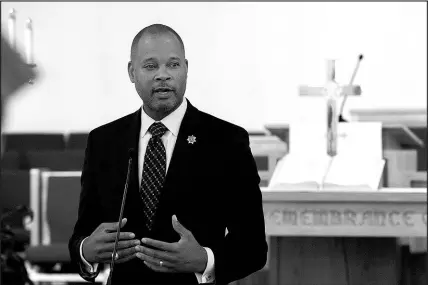  ?? WADE VANDERVORT (2019) ?? Nevada Attorney General Aaron Ford speaks during a news conference July 1, 2019, in Las Vegas. A “Republican­s for Ford” organizing committee is backing the Democrat’s reelection bid against the GOP nominee, Sigal Chattah.