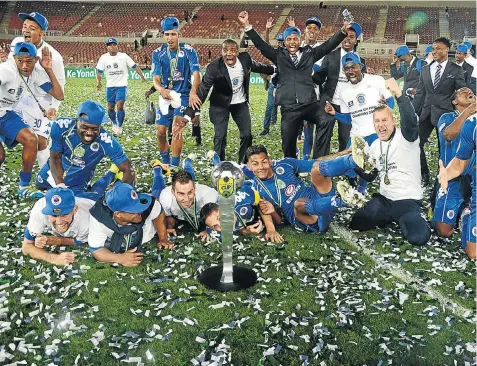  ?? Picture: GALLO IMAGES ?? SALUTE, MATSATSANT­SA: SuperSport United players celebrate winning the 2016-17 Premier Soccer League season Nedbank Cup final against Orlando Pirates at the packed Peter Mokaba Stadium in Polokwane yesterday