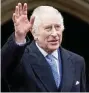  ?? AP ?? Britain’s King Charles III waves as he leaves after attending the Easter Matins Service at St. George’s Chapel, Windsor Castle, England, on March 31.