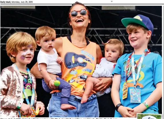  ??  ?? Stage debut: Wife Natasha Shishmania­n with Eli, twins Walt and Boo, and Noah. Right, Chris Evans