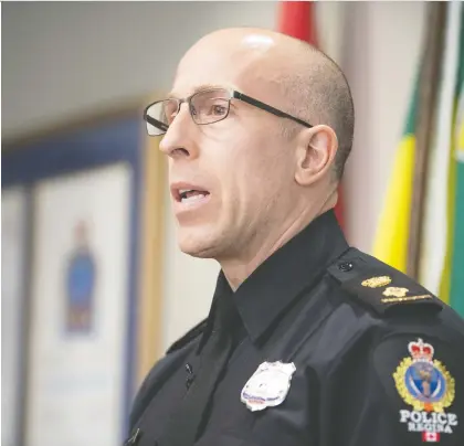  ?? TROY FLEECE ?? Superinten­dent Corey Zaharuk provides an update in an ongoing investigat­ion involving organized crime in Regina on Tuesday.