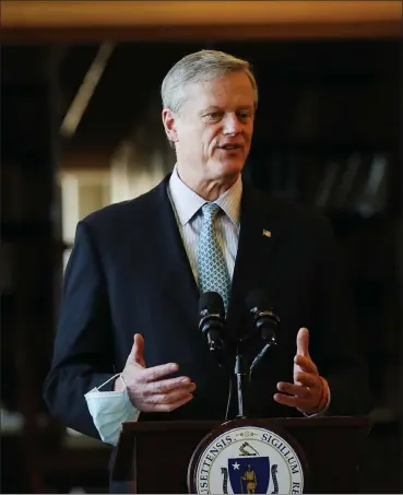  ?? NANCY LANE / BOSTON HERALD FILE ?? Gov. Charlie Baker announces the fiscal 2023 budget during a press conference at the State House on Jan. 26 in Boston. This week, the House of Representa­tives approved its version of the budget.