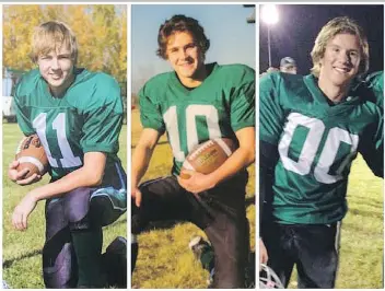  ??  ?? Justin Gaja, from left, Kristian Skalicky, and Carter Stevenson, who were teammates on Carrot River school’s football team, were returning home from football camp on May 3, 2015, when they were killed after a semi rear-ended their car while they were...