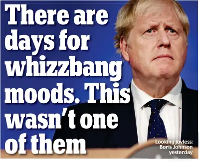  ??  ?? Looking joyless: Boris Johnson yesterday