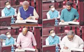  ?? ANI ?? (From left, clockwise): Mahesh Jethmalani, John Brittas, Swapan Dasgupta and Dr V Sivadasan take oath as members of the Rajya Sabha in New Delhi on Tuesday.