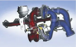  ??  ?? In 2008 Borgwarner launched the first regulated two-stage turbo system, the R2S, with variable turbine geometry (VTG) for the M57 3.0L inline-six powering the BMW
335d. The innovative system paired a Borgwarner K39 high-pressure turbo with a K26 low-pressure unit, with the K26 essentiall­y seeing zero exhaust flow in order to quickly bring the K39 up to full steam ahead. However, once up to operating speed a bypass valve begins to divert exhaust flow into the K26, but does so in a way that keeps the K39 humming along at full song. Long story short, this turbo package is highly efficient, rocksolid reliable, and they hold up fine at twice the factory boost and horsepower level.