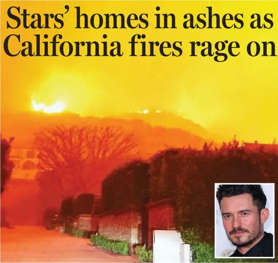 ??  ?? Menacing glow: Orlando Bloom, inset, posted this photo online of the view from his home in Malibu as flames approached