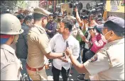  ?? PTI ?? Police detain a MNS worker as per preventive action at Khalkar Chowk in Pune on May 4.