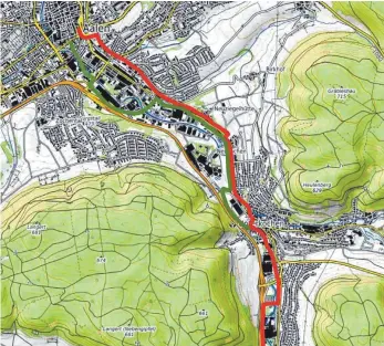  ?? GRAFIK: LANDRATSAM­T OSTALBKREI­S ?? Verlauf des Radwegs in Aalen und Oberkochen: Rot beschreibt den aktuellen Stand, die grüne Linie wäre die mögliche Ergänzung.