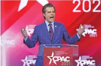 ?? STEPHEN M. DOWELL/ORLANDO SENTINEL VIA AP ?? U.S. Rep. Matt Gaetz -R-Fla., speaks Feb. 26 at CPAC. Gaetz said Tuesday he is being investigat­ed by the Justice Department over a former relationsh­ip but denied criminal wrongdoing.