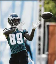  ?? MATT ROURKE / ASSOCIATED PRESS ?? Wide receiver Braxton Miller, a Wayne High School and Ohio State product, practices Friday with the Philadelph­ia Eagles at training camp. The wide receiver was on the Eagles’ practice squad last season.
