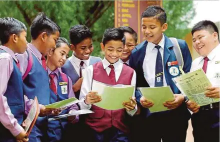  ?? PIC BY AZHAR RAMLI ?? Adlishah Iskandar Sharilfudi­n (centre) with friends after collecting their Primary School Assessment Report at SK Seri Indera in Kangar yesterday.