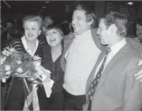  ?? AP PHOTO BY RAY STUBBLEBIN­E ?? Actors Angela Lansbury, left, and Len Cariou, right, who starred in the musical “Sweeney Todd” appear with their replacemen­ts Dorothy Loudon, second left, and George Hearn at a New York restaurant, prior to their final performanc­e on March 3, 1980. Lansbury died peacefully at her home in Los Angeles on Tuesday, Oct. 11. She was 96.