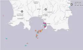  ??  ?? HMS Tamar and HMS Severn (blue icons) observe the flotilla of French boats entering the port at St Helier Photograph: Marine Traffic website