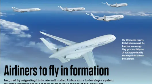  ??  ?? The V formation ensures that all planes except the front one save energy. They get a free lift by the air vortices produced by the wings of the plane in front of them.