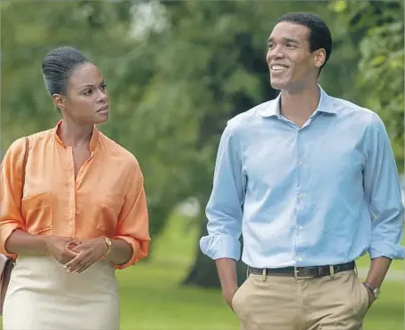  ?? Matt Dinerstein Roadside Attraction­s ?? TIKA SUMPTER as Michelle Robinson and Parker Sawyers as Barack Obama in the charming first-date movie “Southside With You.”