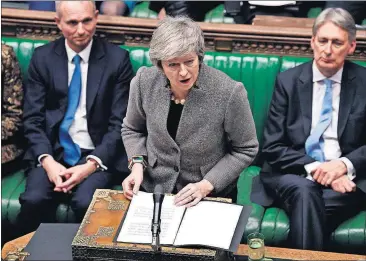  ?? [AP PHOTO] ?? In this photo provided by the UK Parliament, Prime Minister Theresa May delivers a speech Monday in the House of Commons in London.