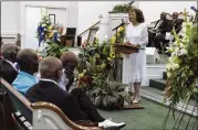  ??  ?? Sylvia Jordan Key, sister of Ruben Jordan, speaks at her brother’s service at Liberty Baptist Church in Tyler, Texas, Saturday.
