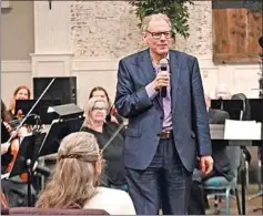  ?? ?? Competitio­n winner David Stern explains to the audience his inspiratio­n for the writing of his awardwinni­ng musical compositio­n, “San Gabriel Mountains.”