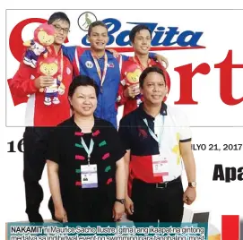  ?? PSC ?? NAKAMIT ni Maurice Sacho Ilustre (gitna) ang ikaapat na gintong medalya sa indibidwal event ng swimming para tanghaling ‘most most bemedalled’ sa Philippine delegation sa 9th ASEAN Schools Games sa Singapore.