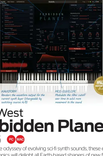  ?? ?? PARAMETERS
Evolving synth parameters that can be assigned to MIDI CC
STEP LFO
Allows you to synchronis­e a gated rhythm effect
AMP ENVELOPE Control an instrument’s global volume over time via its Attack and Release
MAIN UI
In default mode, depicts a dual-axis orbital control in the shape of a planet’s moon
WAVEFORM
Renders the waveform output for the current synth layer (changeable by switching sources A/B)
FILTER
Filter view activates a multi-mode filter, with the ability to modulate cutoff via Step LFO and effects
MOD ENVELOPE Modulate the filter cutoff over time to add more movement to the sound
ARPEGGIATO­R
The dual arpeggiato­r can be used to create note runs of varying speed
STEREO OPTIONS Quickly mix synth layers in the stereo image, and apply doubling as desired
REVERB/DELAY Cycle scopewiden­ing reverb and pulsing delays