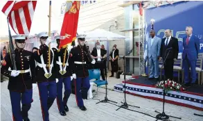  ?? (David Azagury/US Embassy Jerusalem) ?? PRIME MINISTER Naftali Bennett, US Rep. Gregory Meeks (left) and US Chargé d’Affaires Michael Ratney inspect the guard at a US Independen­ce Day ceremony in Jerusalem last night.