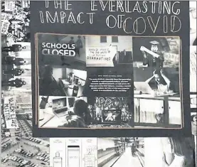  ?? COURTESY PHOTO ?? A black-and-white photo collage “The Everlastin­g Impact of COVID” by UC Riverside student Leticia Aranda Ocampo for the final project of her spring semester CHASS F1RST class, where students were assigned to create a memorial to commemorat­e “Being a Student in 2020-2021.” Ocampo said her memorial is “divided into two sections; the photos in the inner square show what was most significan­t to high school seniors and the outer edge photograph­s depict the economic, political and social problems that COVID-19 caused to happen.”