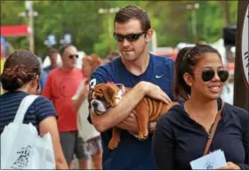  ?? DIGITAL FIRST MEDIA FILE PHOTO ?? Pete Feigler carries his English bulldog puppy through the crowd at the annual Pottstown Pet Fair.