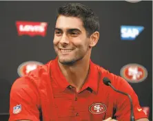  ?? Santiago Mejia / The Chronicle ?? Just-acquired 49ers quarterbac­k Jimmy Garoppolo said, “I’m eager to get out there and show what I can do on a Sunday.”