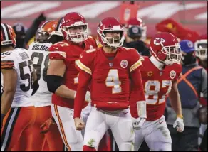  ?? Associated Press ?? COMPETITOR — Kansas City Chiefs quarterbac­k Chad Henne celebrates after a run during the second half of an AFC Divisional playoff game against the Cleveland Browns on Sunday in Kansas City.